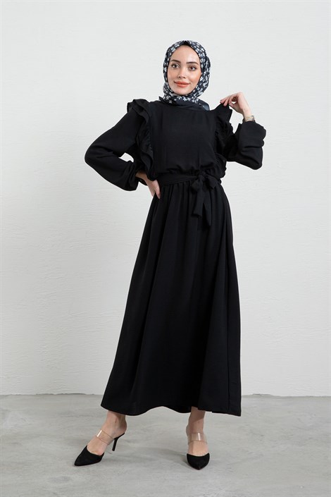 Fırfırlı Ayrobin Elbise Siyah