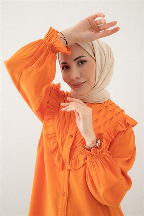 Tesettür Triko Tunik Modelleri ve Fiyatları | Fırfırlı Tensel Tunik OranjFırfırlı Tensel Tunik Oranj