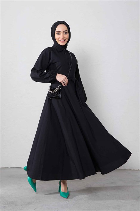 Kendinden Kuşaklı Elbise Siyah - Moda AlaKendinden Kuşaklı Elbise Siyah