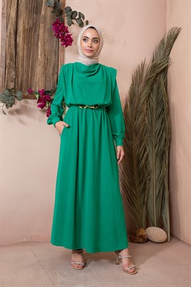 Aksesuar Kemerli Ayrobin Elbise Zümrüt Yeşili