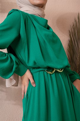 Aksesuar Kemerli Ayrobin Elbise Zümrüt Yeşili