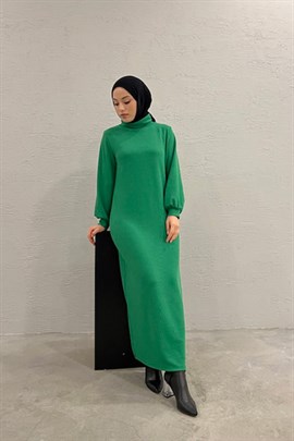 Boğazlı Fitilli Triko Elbise Zümrüt Yeşili