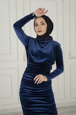 Büzgü Detaylı Kadife Elbise Sax - Moda AlaBüzgü Detaylı Kadife Elbise Sax