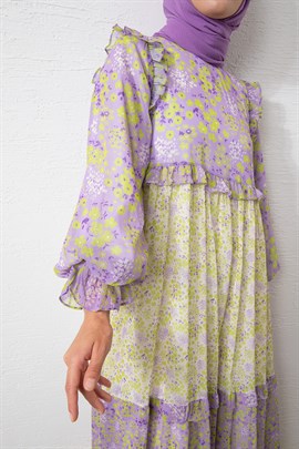 Çiçekli Parçalı Şifon Elbise Lila