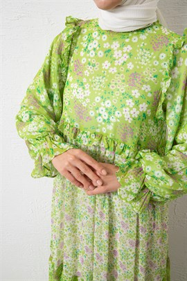 Çiçekli Parçalı Şifon Elbise Yeşil