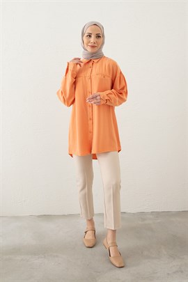 İndirimli Tesettür Giyim Modelleri | Moda Ala ile Şıklık Seninle | Düğmeli Tensel Gömlek OranjDüğmeli Tensel Gömlek Oranj
