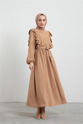 Fırfırlı Ayrobin Elbise Bej
