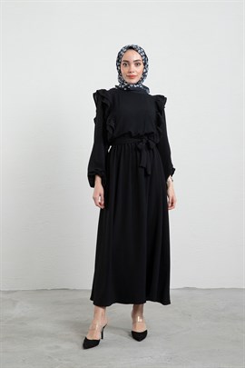 Fırfırlı Ayrobin Elbise Siyah