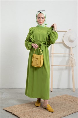 Fırfırlı Ayrobin Elbise Yeşil