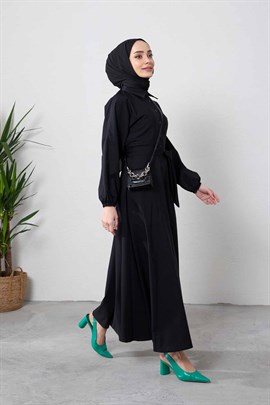 Kendinden Kuşaklı Elbise Siyah - Moda AlaKendinden Kuşaklı Elbise Siyah