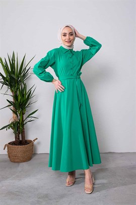 Kendinden Kuşaklı Elbise Yeşil - Moda AlaKendinden Kuşaklı Elbise Yeşil