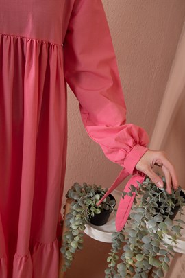 Kolu Bağlamalı Pileli Elbise Nar çiçeği