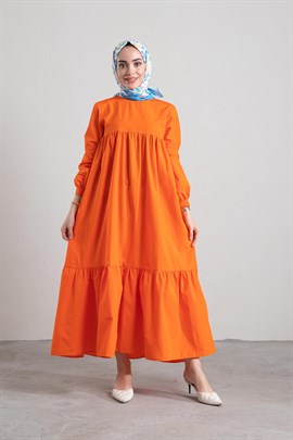 Kolu Bağlamalı Pileli Elbise Oranj