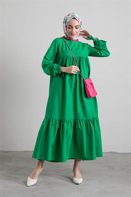 Kolu Bağlamalı Pileli Elbise Yeşil