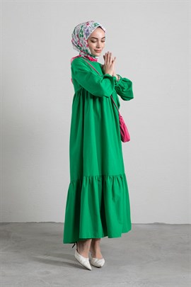 Kolu Bağlamalı Pileli Elbise Yeşil