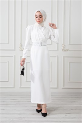 Kruvaze Yaka Kemerli Elbise Beyaz