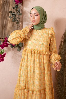 Mini Çiçek Desen Elbise Sarı