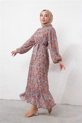 Mini Çiçekli Şifon Elbise Bej