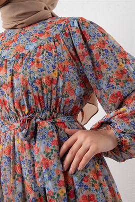 Mini Çiçekli Şifon Elbise Bej