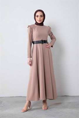 Omuzu Fırfırlı Elbise Bej - Moda AlaOmuzu Fırfırlı Elbise Bej