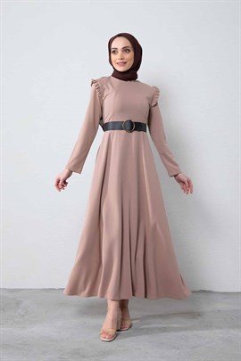 Omuzu Fırfırlı Elbise Bej - Moda AlaOmuzu Fırfırlı Elbise Bej