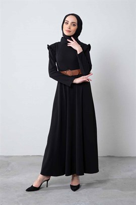 Omuzu Fırfırlı Elbise Siyah - Moda AlaOmuzu Fırfırlı Elbise Siyah