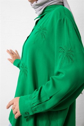 Palmiye Nakışlı Keten Tunik Zümrüt Yeşili