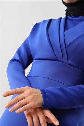 Pile Yakalı Scuba Kalem Elbise Mavi