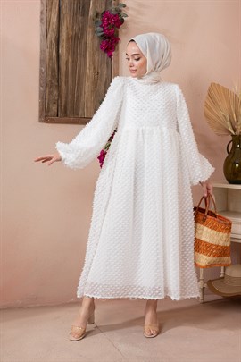 Pırpırlı Tül Astarlı Elbise Beyaz