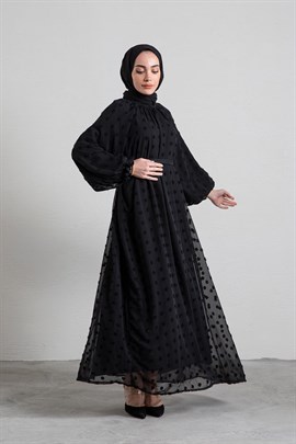 Ponponlu Şifon Elbise Siyah