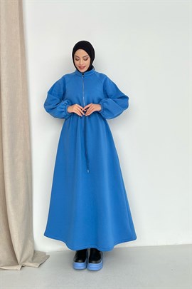 Üç İplik Fermuarlı Elbise Mavi