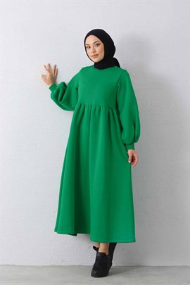 Üç İplik Şardonlu Elbise Zümrüt Yeşili